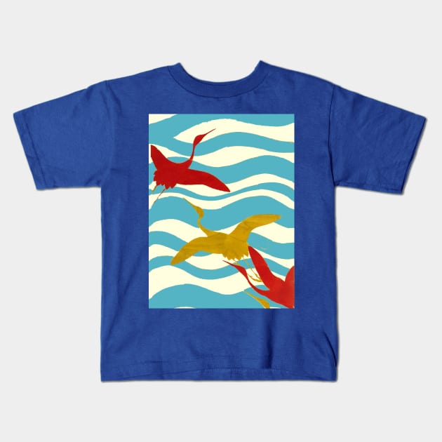 RED YELLOW FLYING CRANES ON WHITE BLUE OCEAN WAVES Kids T-Shirt by BulganLumini